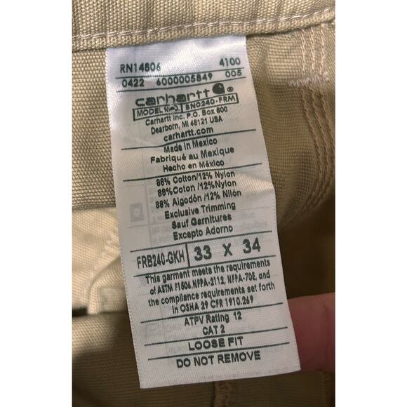 Carhartt FR Cargo Pants Mens 33x34 Khaki FRB240-GKH CAT 2 Loose Fit Lineman - Picture 3 of 9